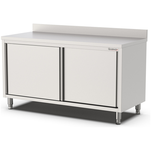 RVS werktafel met schuifdeuren en opstaande rand