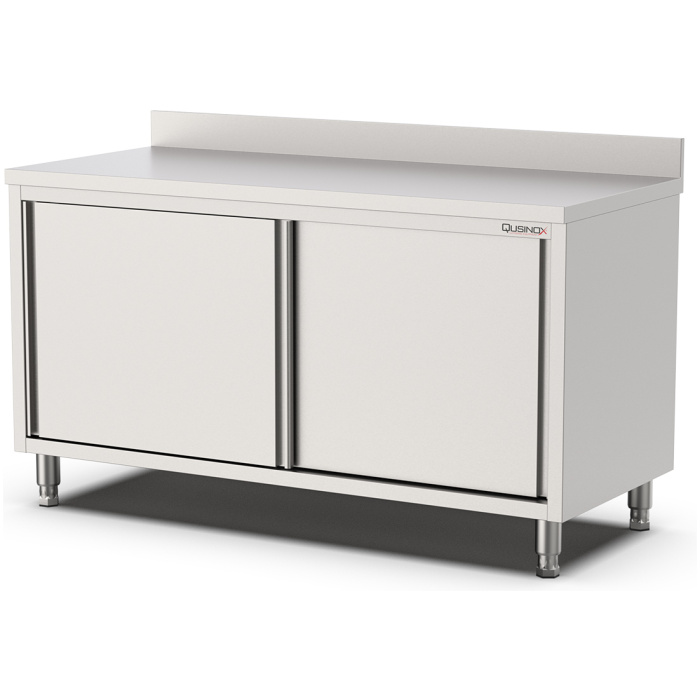 RVS werktafel met schuifdeuren en opstaande rand