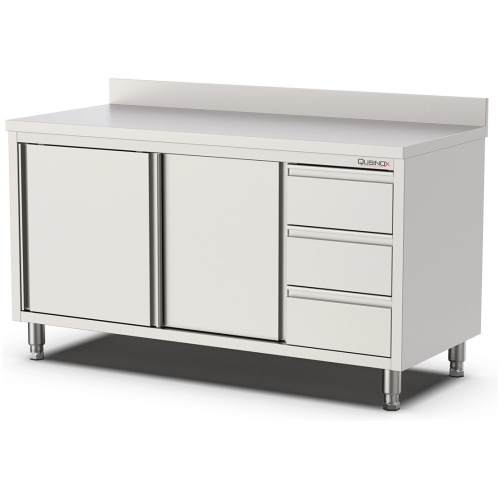 rvs werktafel opstaande rand met schuifdeuren en laden