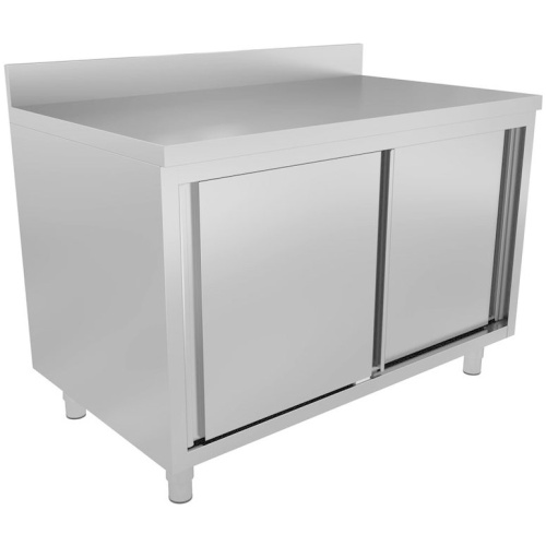 RVS werktafel met schuifdeuren en opstaande rand