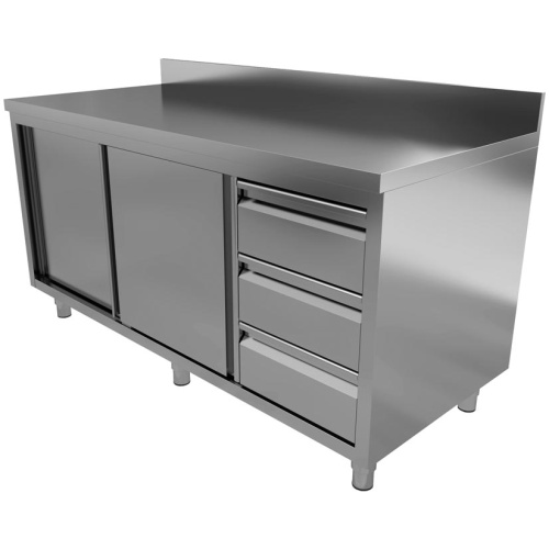 RVS horeca werktafel met schuifdeuren en laden