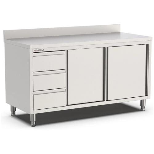 rvs werktafel opstaande rand met laden en schuifdeuren