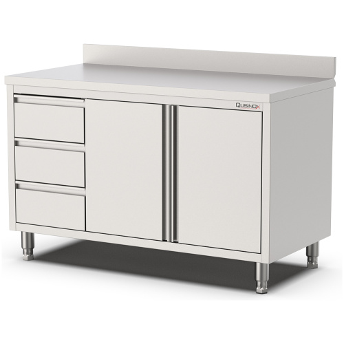 RVS horeca werktafel met opstaande rand en laden links + draaideur