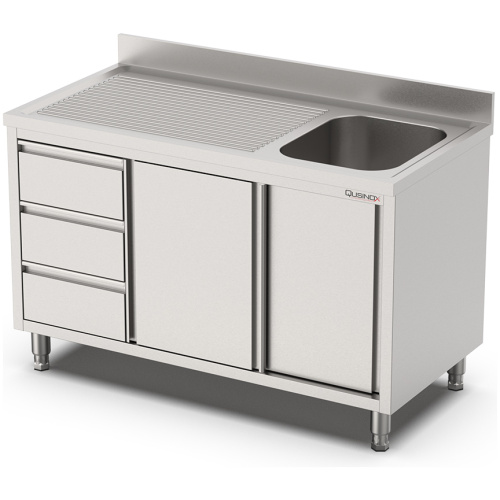 rvs spoeltafel met schuifdeuren en laden
