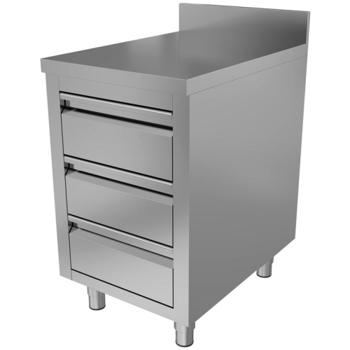 RVS horeca werktafel met 3 laden & opstaande rand