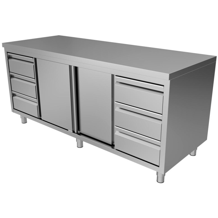 RVS horeca werktafel met schuifdeuren & beide kanten laden