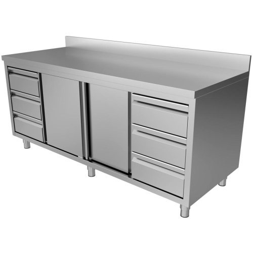 RVS horeca werktafel opstaande rand met schuifdeuren & beide kanten laden