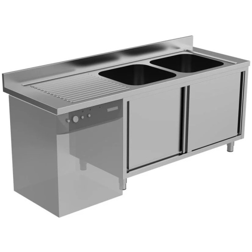 rvs spoeltafel met schuifdeuren en ruimte voor vaatwasser