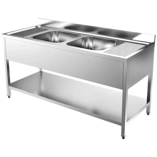 rvs spoeltafel met 2 spoelbakken in het midden